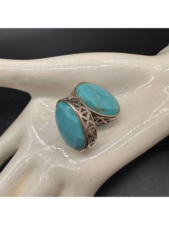 Jewelry - Vintage Sterling Silver Turquoise Oval Earrings Filigree Western Boho Festival